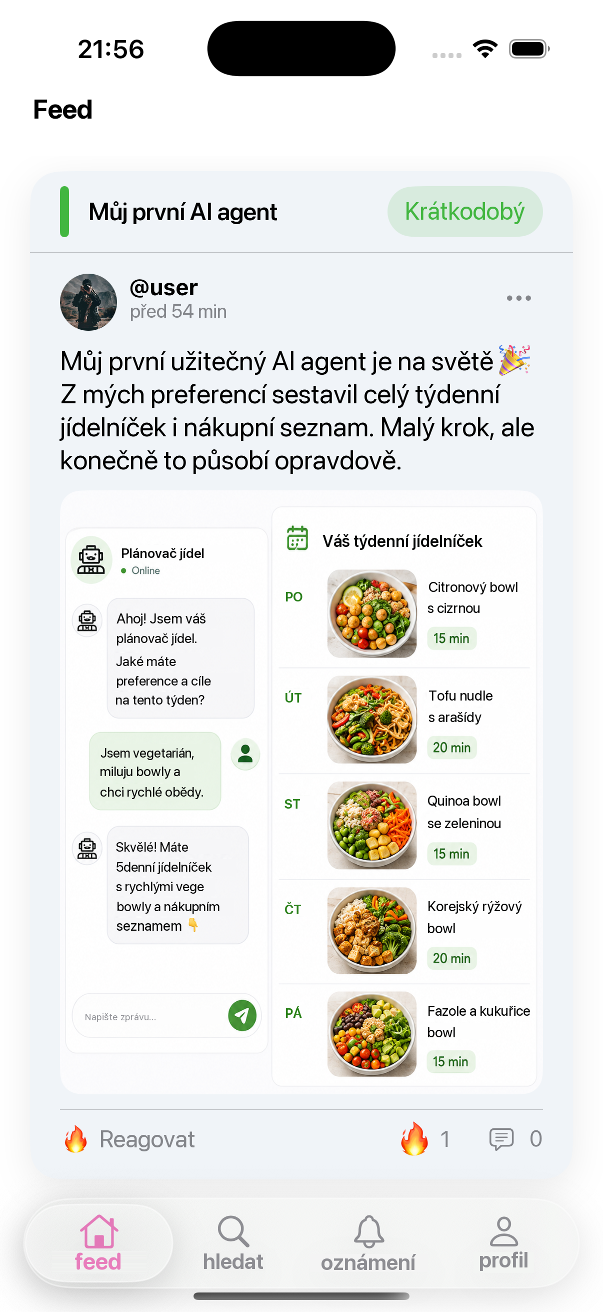 Příspěvek ve SmartGoals o vytvoření prvního AI agenta, který sestavuje týdenní jídelníček